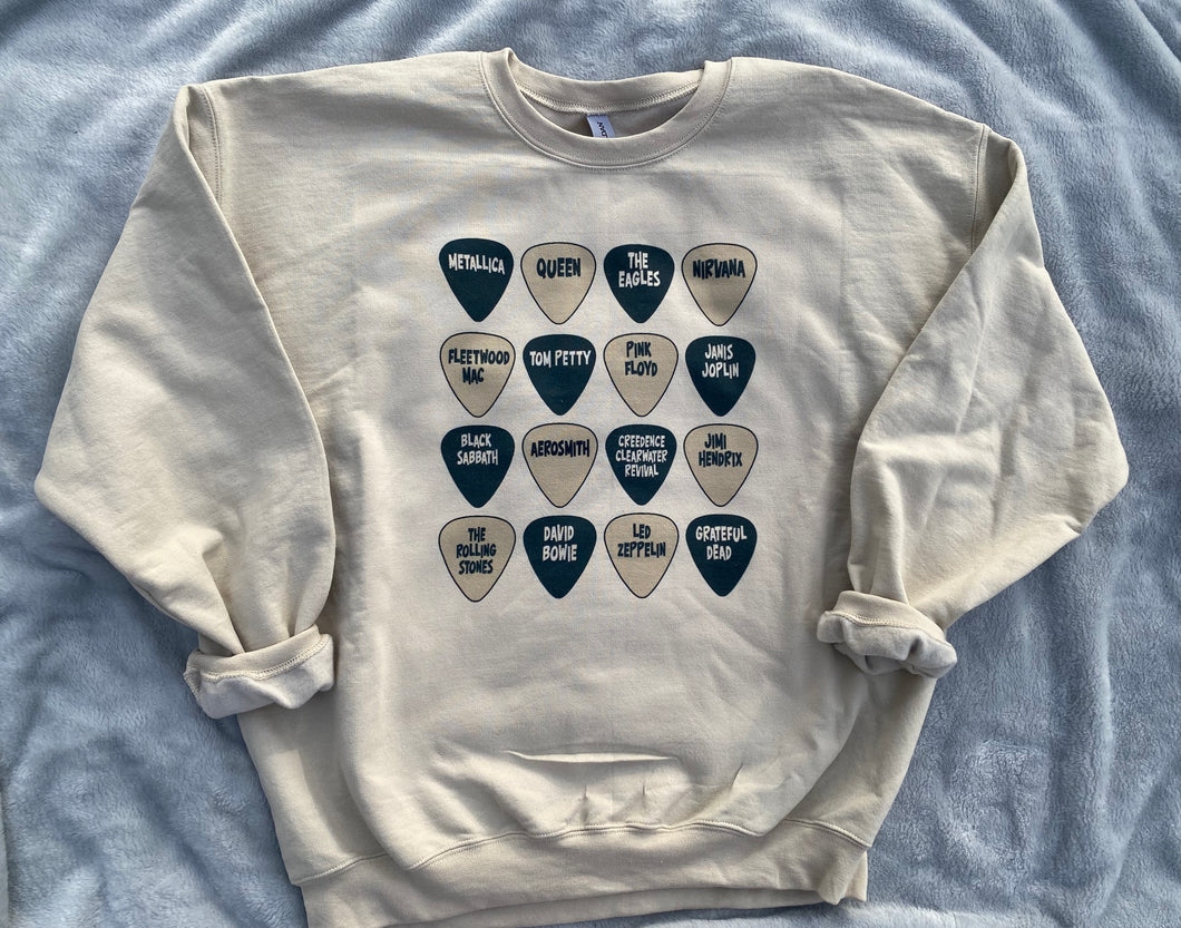 Rock band quitar picks crew neck